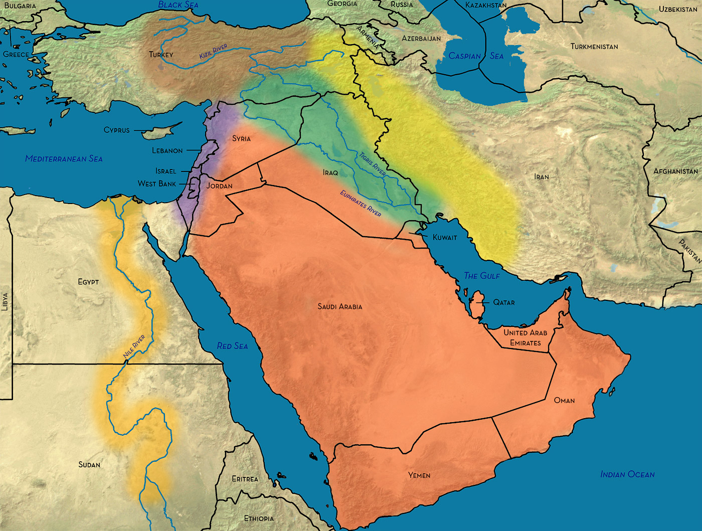 middle east map with landforms